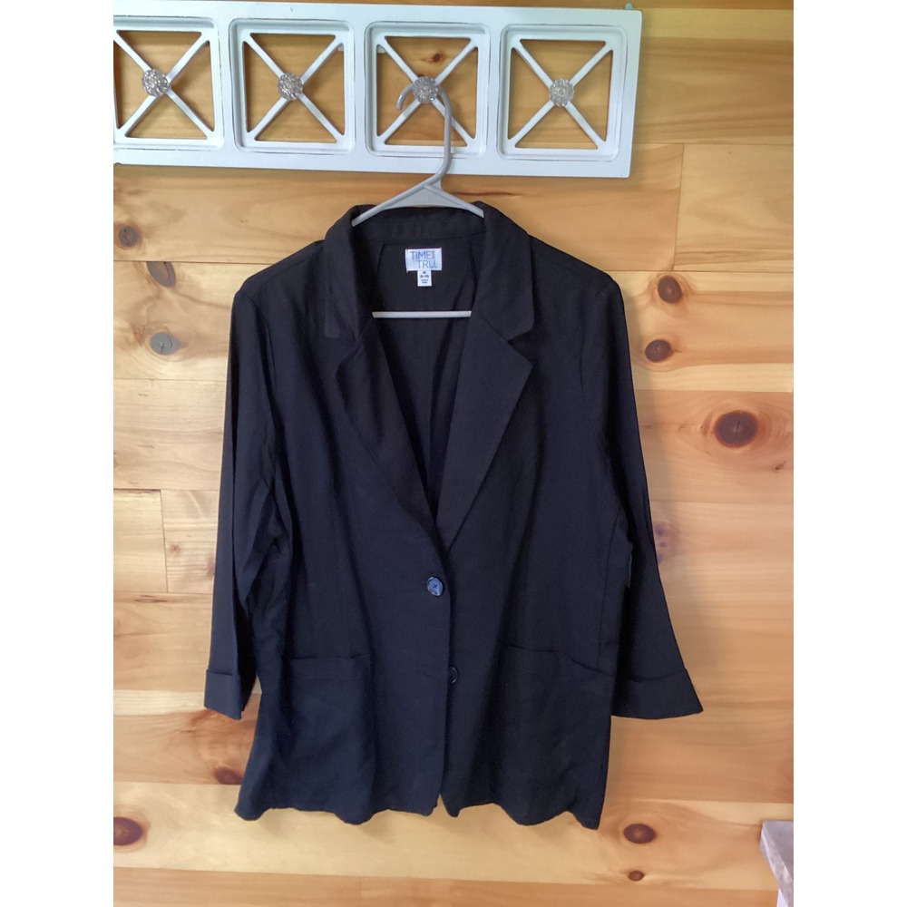 Time and Tru Women Black Rayon Linen Blend Blazer Jacket M 8-10 3/4 Sleeve NEW